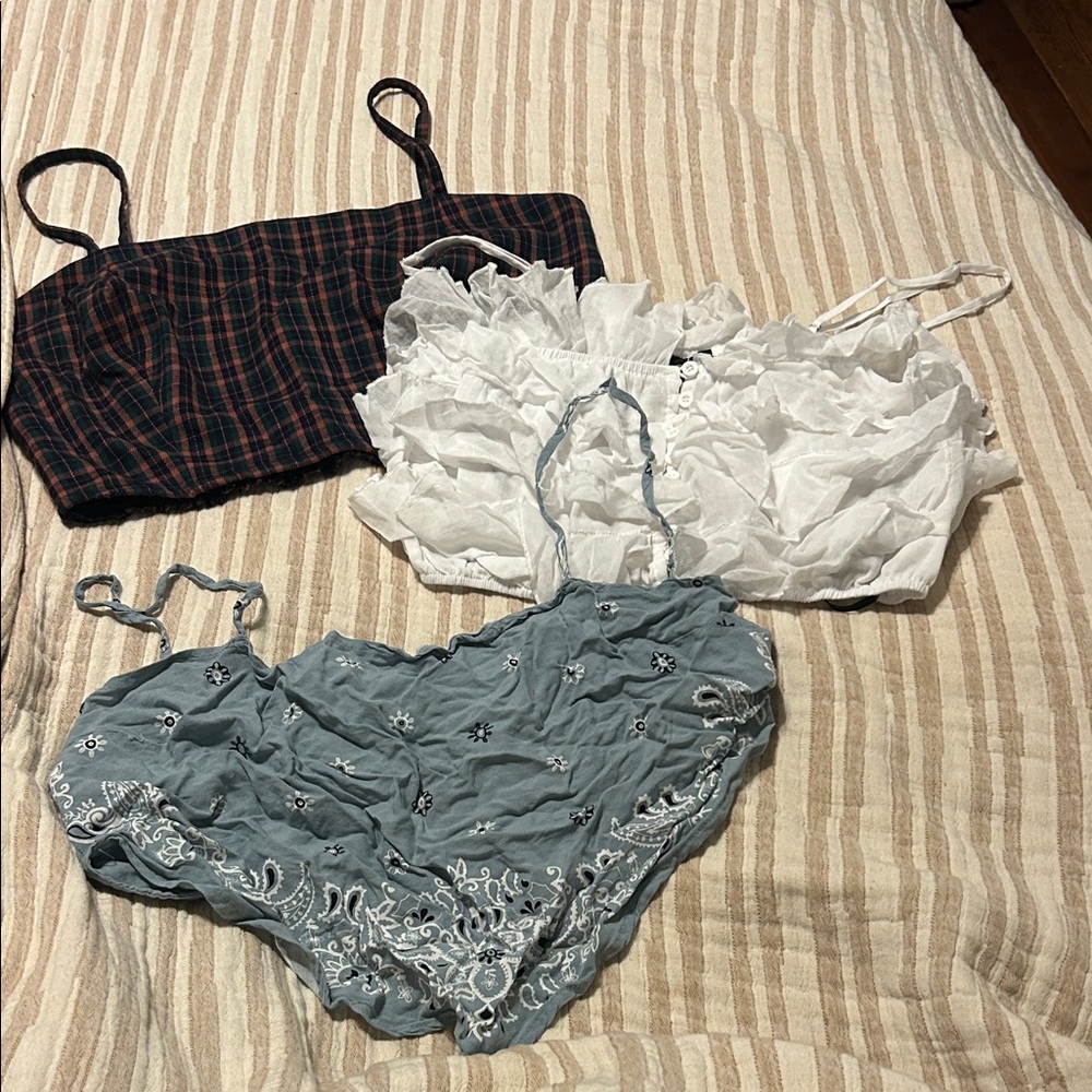 (3) cropped spaghetti strap tops- plaid/ ruffled and bandeau